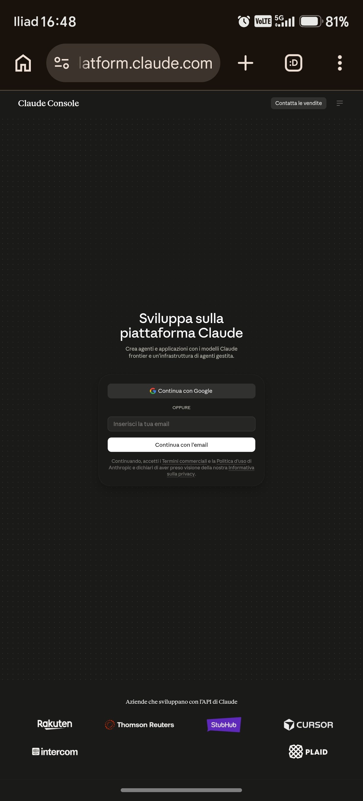 Pagina di accesso di platform.claude.com con i pulsanti Continua con Google e Continua con l'email