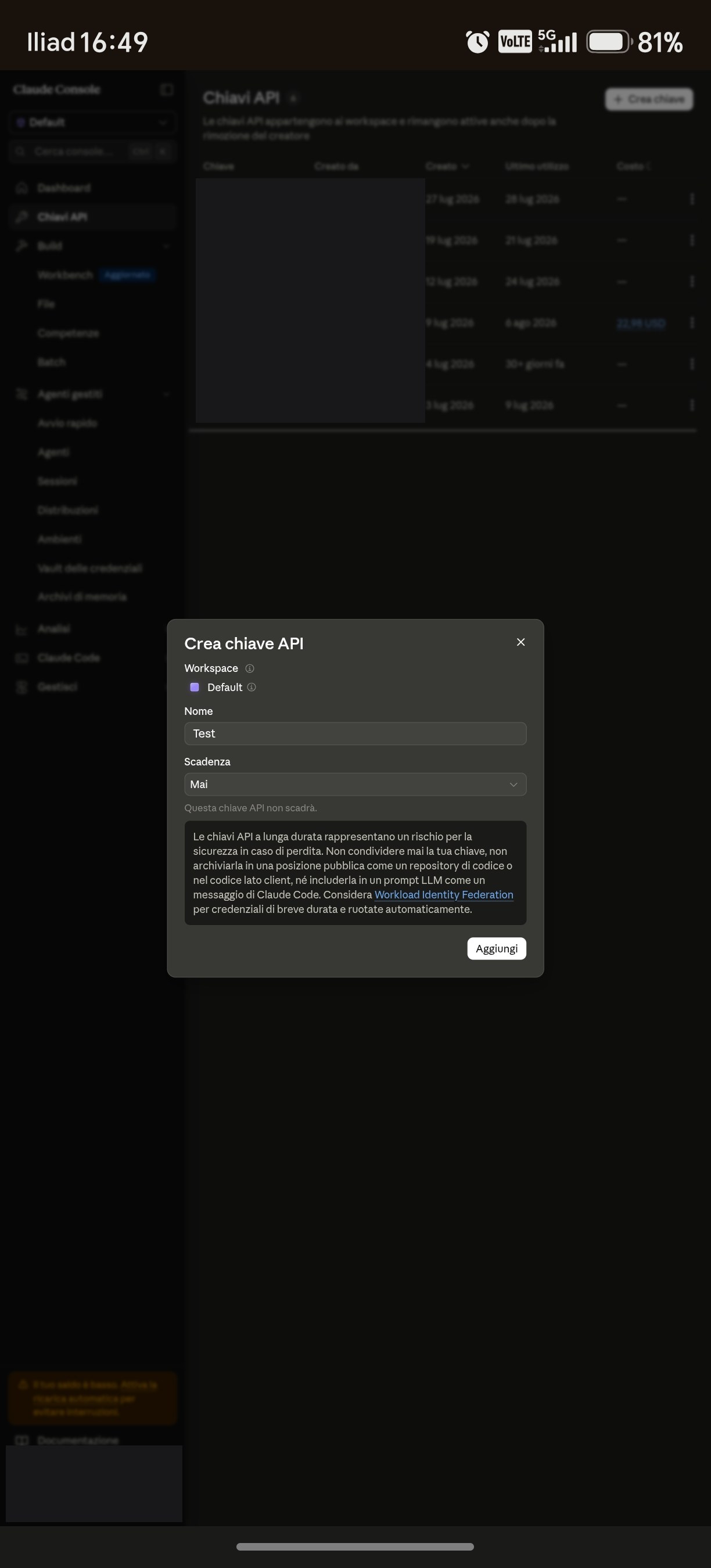 Dialog Crea chiave API con il nome compilato e l'avviso di sicurezza di Anthropic