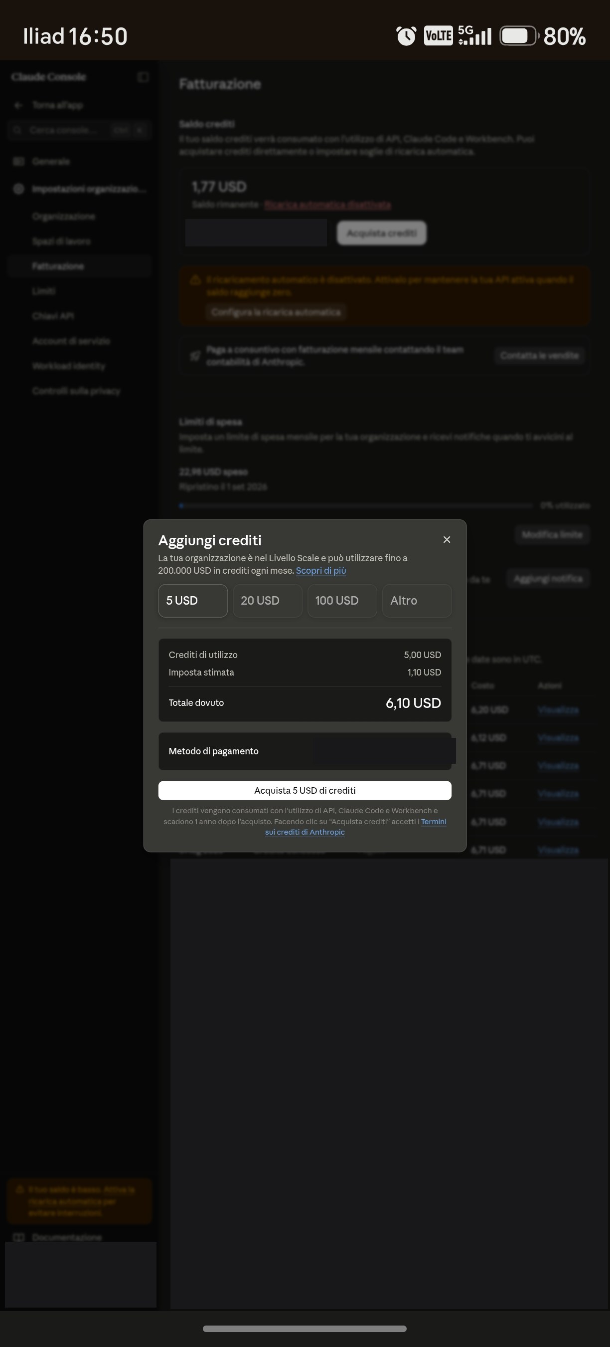 Dialog Aggiungi crediti con gli importi 5, 20, 100 USD e il totale dovuto con imposta