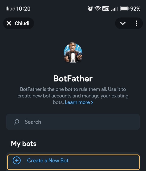 Schermata BotFather con il pulsante Create a New Bot evidenziato
