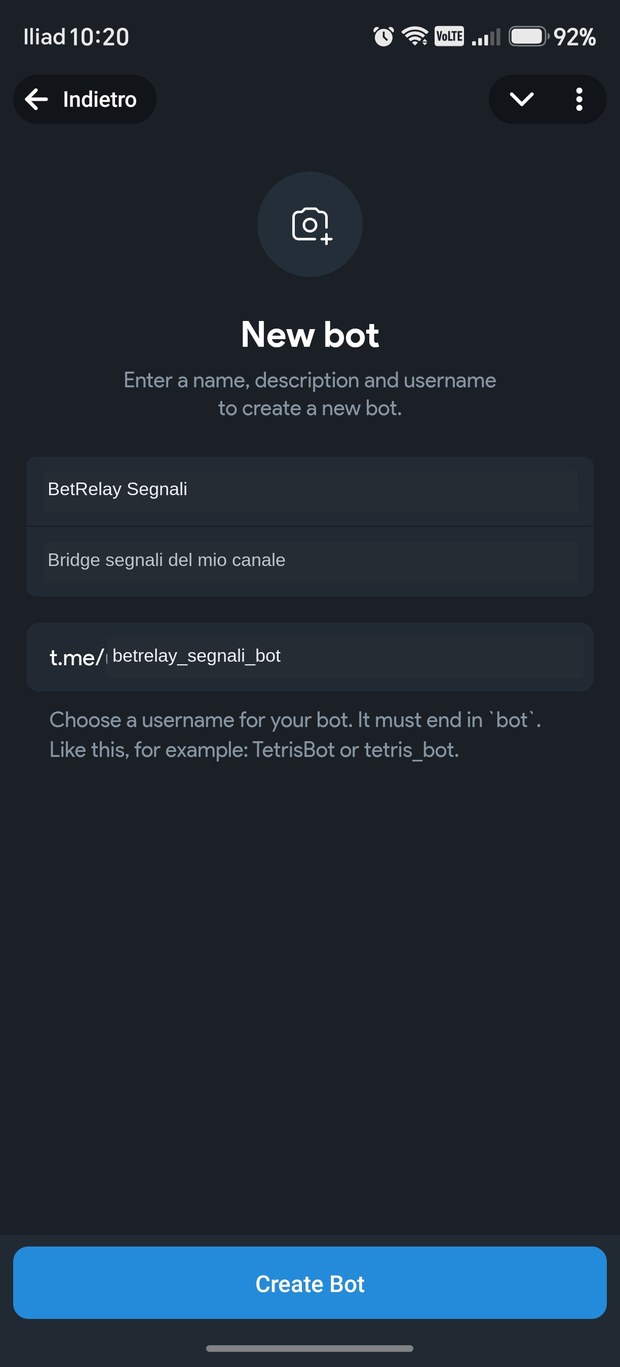 Form New bot di Telegram con Bot Name, About e username compilati con valori di esempio