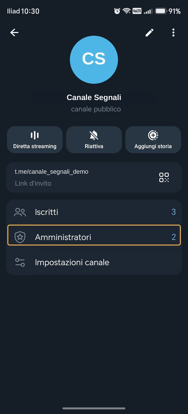 Profilo del canale Telegram con la voce Amministratori evidenziata