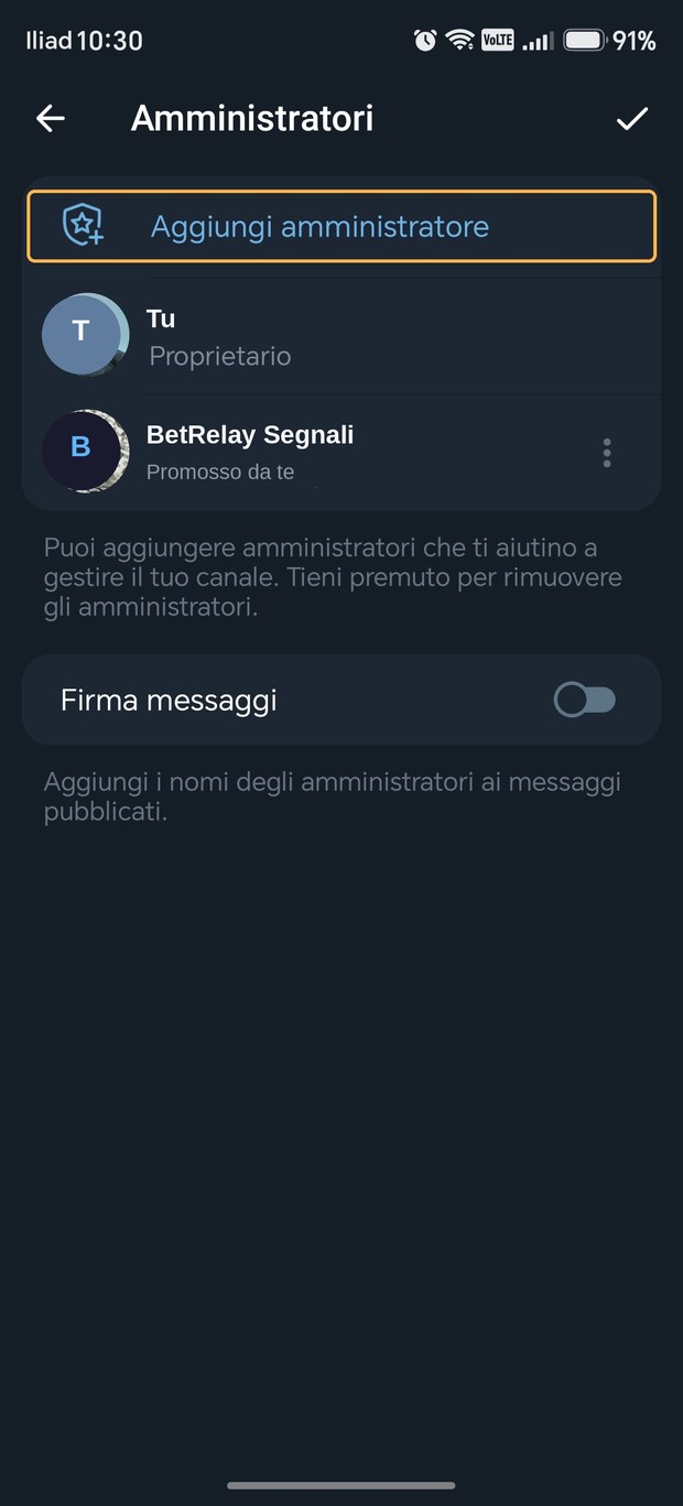 Lista amministratori del canale con il pulsante Aggiungi amministratore evidenziato