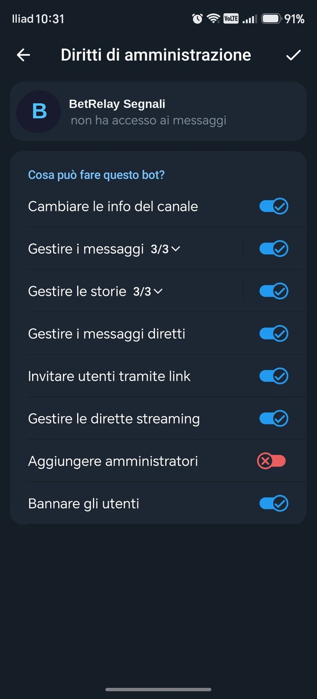 Schermata Diritti di amministrazione con gli interruttori dei permessi del bot