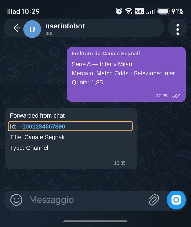 Chat con userinfobot: messaggio inoltrato dal canale e risposta con Id, Title e Type
