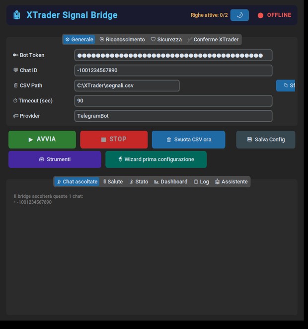 Finestra di BetRelay, tab Generale, con Bot Token mascherato, Chat ID e percorso CSV compilati