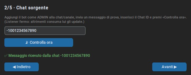 Step 2 del Wizard di BetRelay con il Chat ID inserito e l'esito verde di conferma